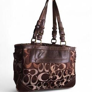 Coach Y2K Signature Optic Brown Gallery Leather Tote Shoulder Hand Bag Purse
